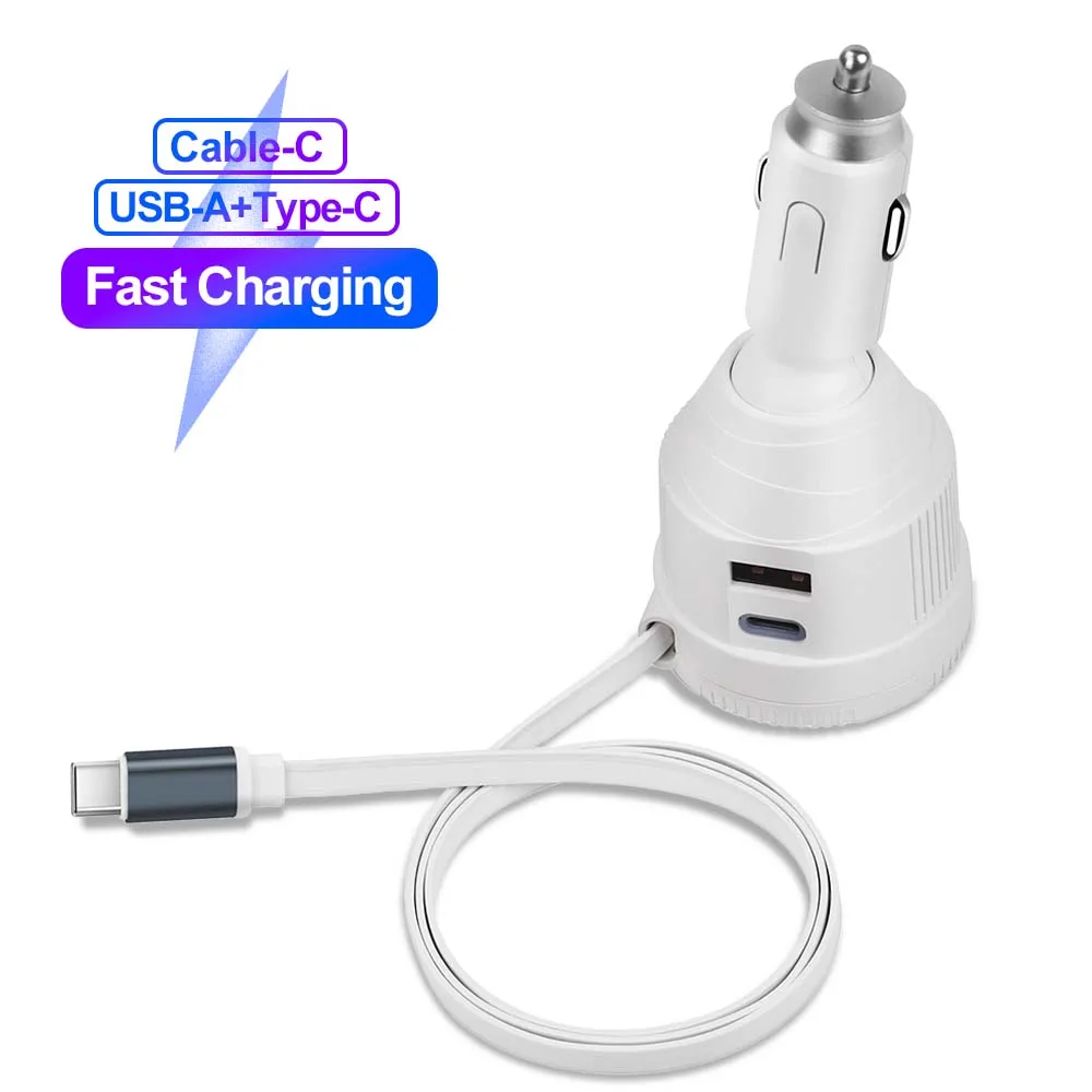

Выдвижное автомобильное зарядное устройство, 68 Вт, кабель USB C для IPhone, Samsung, шнур быстрой зарядки, адаптер прикуривателя