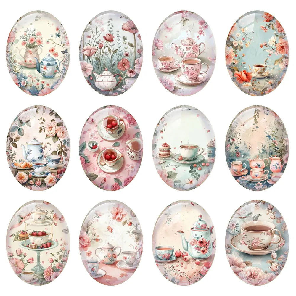 Random Mixed Round/Oval/Square English Afternoon Tea Flowers Photo Glass Cabochon Flatback Demo Cameo For Diy Jewelry Making