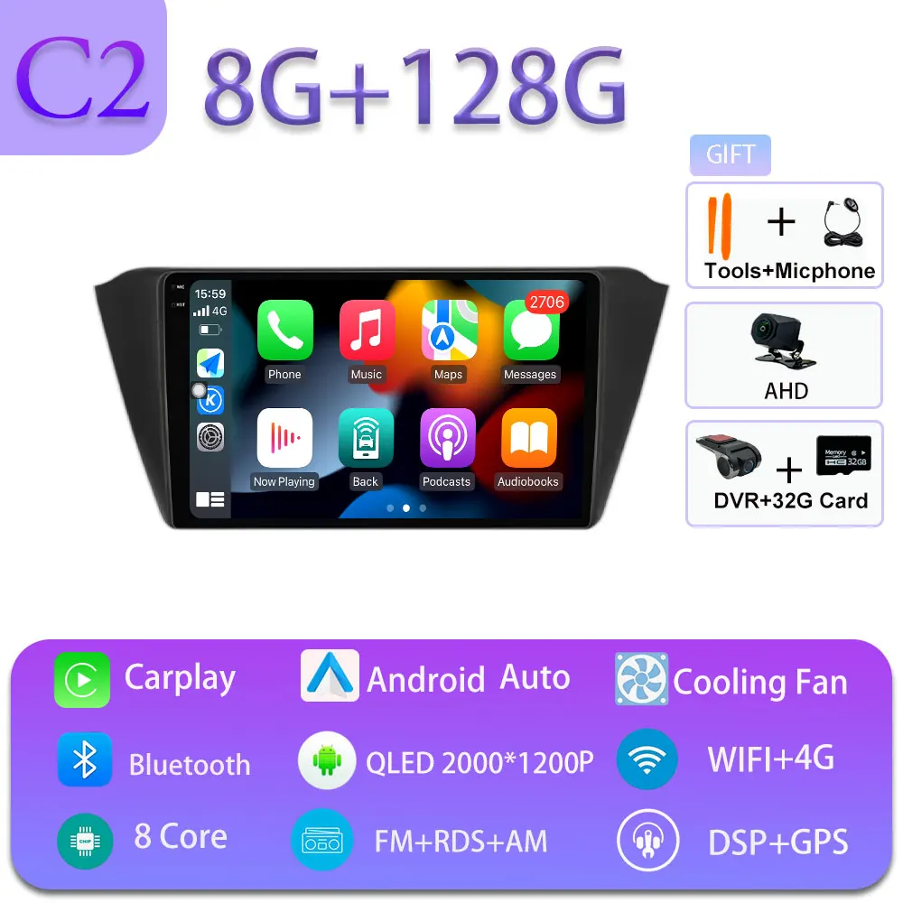 Android 16 Carplay Auto voor Skoda Fabia 3 III 2015-2019 GPS Navigatie DSP Autoradio Multimedia Videospeler Stereo WIFI BT