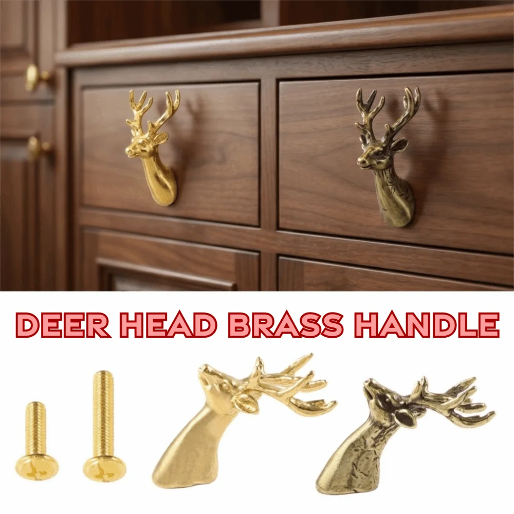 Retro Brass Cabinet Pull Single Hole Furniture Hardware Solid Deer Head Drawer Handle Push-pull Animal Series