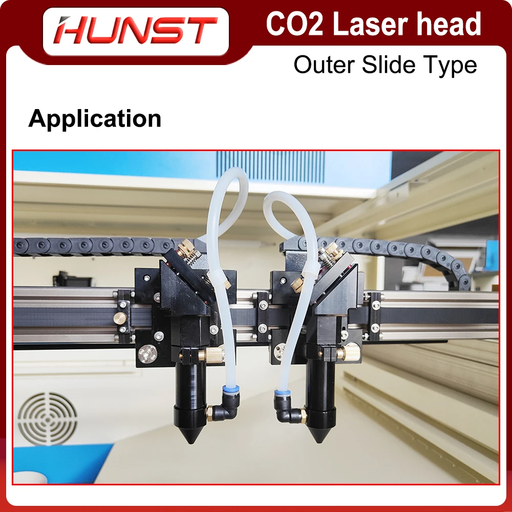 Hunst CO2 Outer Rail Laser Head With Slider Motor Seat Air Assist Nozzle for D25mm Mirror Lens Dia.20mm FL 50.8/63.5/101.6mm .