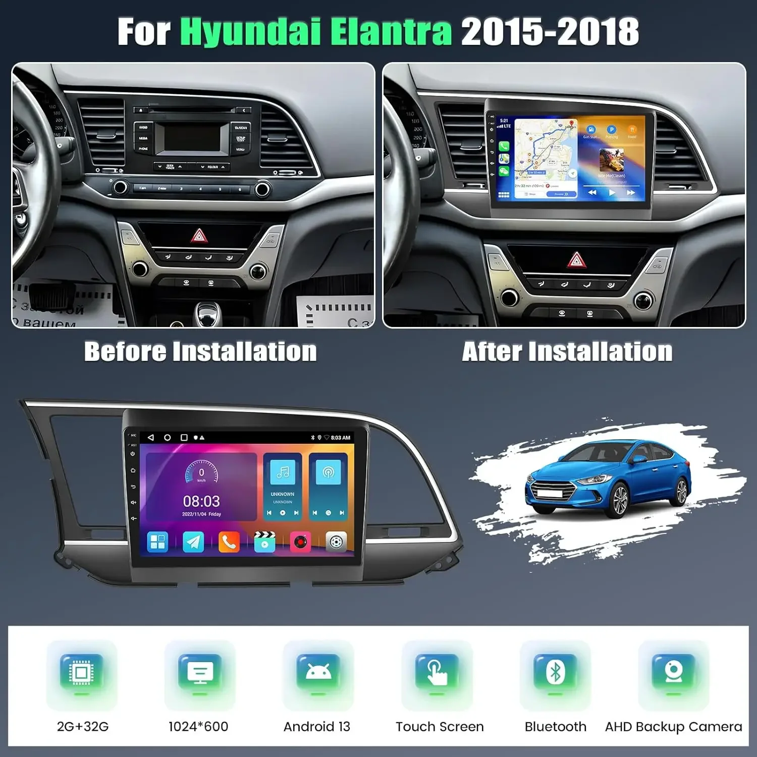 Android 13 untuk Hyundai Elantra 2015-2018 dengan Carplay Nirkabel & Android Auto 9 "Radio Mobil dengan Navigasi GPS SWC + Kamera Cadangan