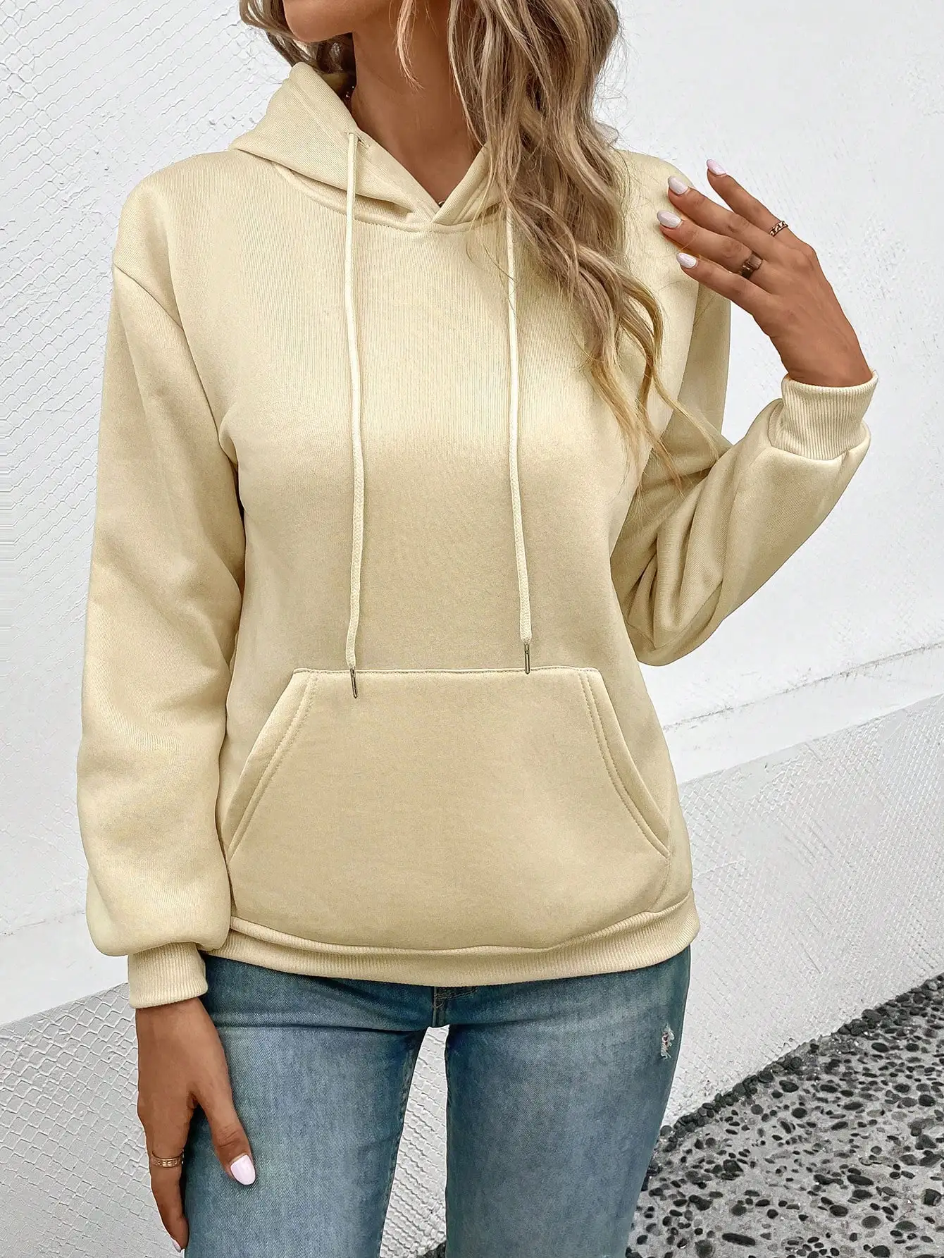 Beige Solid Color Women Hoodie Comfortable Hip Hop Clothes Casual All-match Streetwear For Female Autumn Winter Fashion Hoody