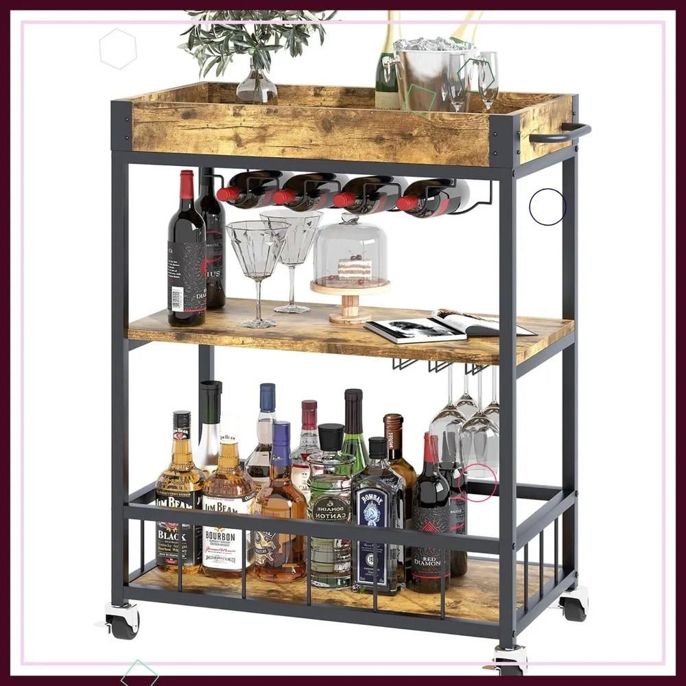 

3-Tier Rolling Bar Cart with Wheels, Vintage Wood Metal Serving Trolley for Wine and Glass Storage
