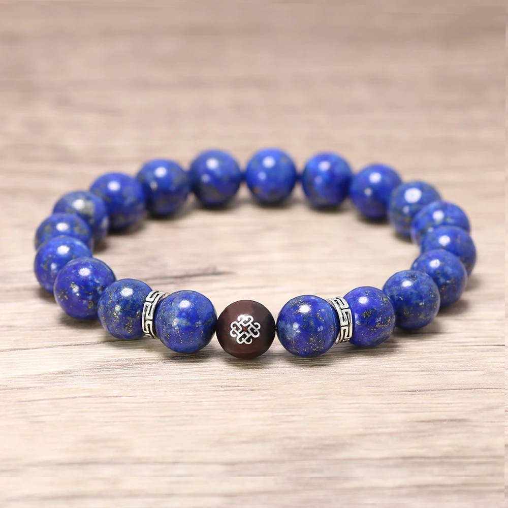 Natural Lapis Lazuli and Chinese knot Sandalwood Beads Bracelet with 925 Sterling Silver Accessories Jewelry for Men and Women