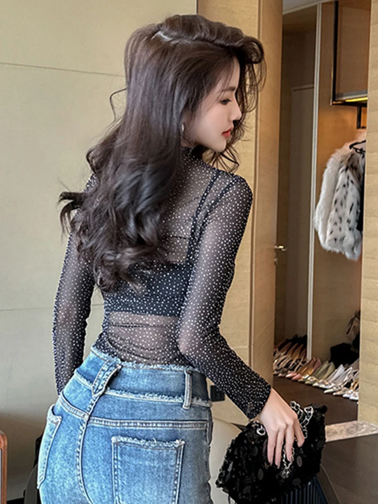 Spring Fashion Ladies Black Glitter Shiny See Through Sexy T-Shirt Women Elegant Luxury Blouse Long Sleeve Tops Stretchy Clothes