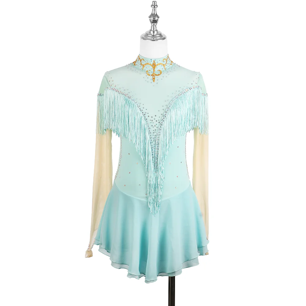 ZAGITOVA Eiskunstlaufkleid für Damen und Mädchen, langärmelig, Eislaufrock, glänzender Strass-Mesh-Rock, wunderschöne Quasten