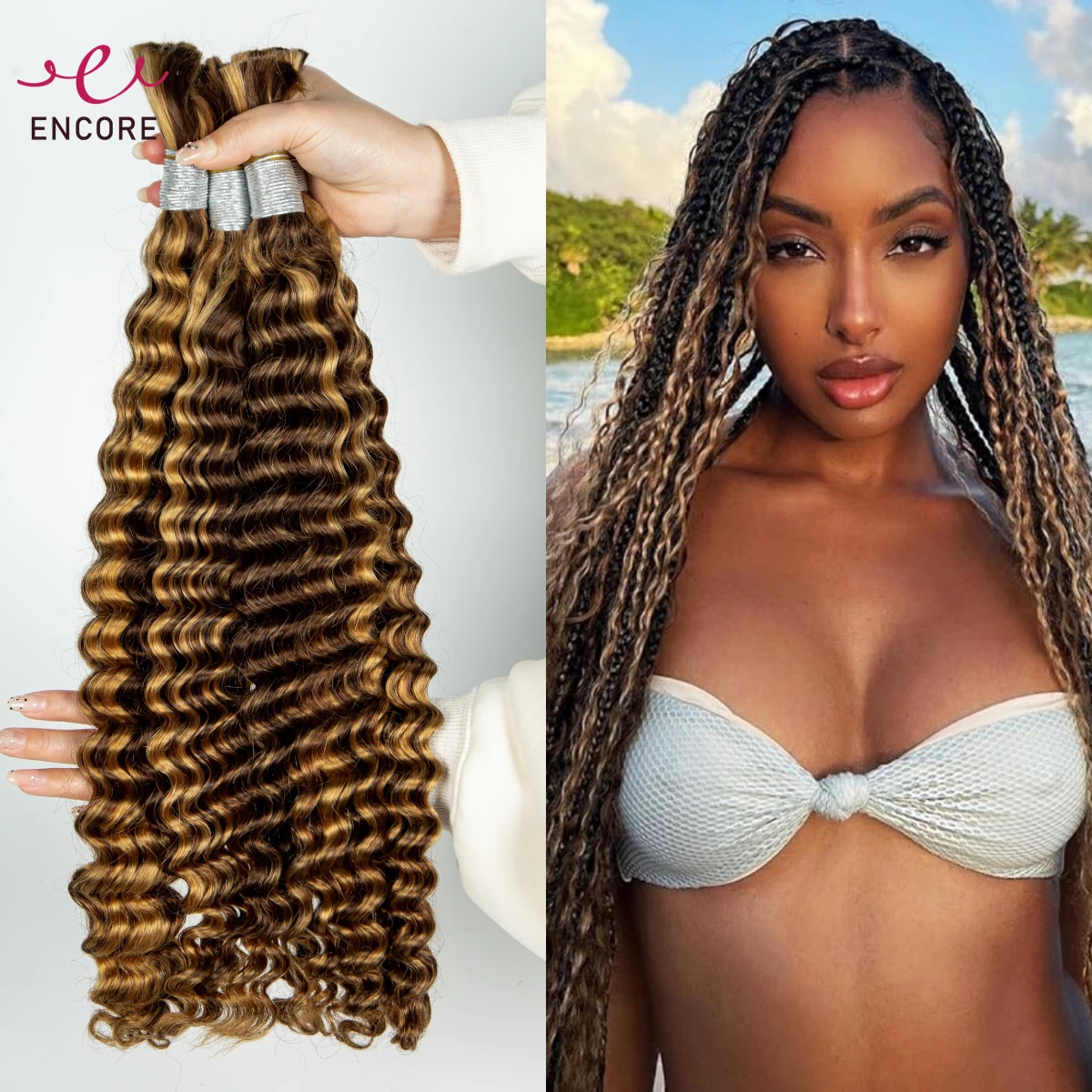 Extensiones trenzadas bohemias, cabello humano virgen 100% ondulado profundo, sin trama, 28 pulgadas