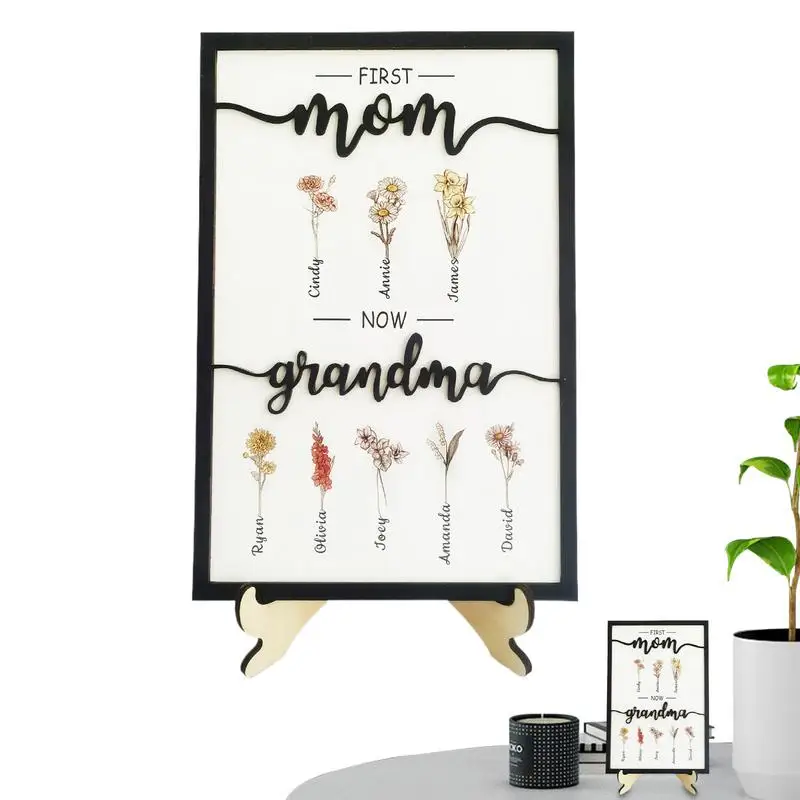 

First Mom Now Grandma Sign Birth Month Flower Frame Sign Home Decoration Table Decoration For Mom On Mothers Day Wooden Sign