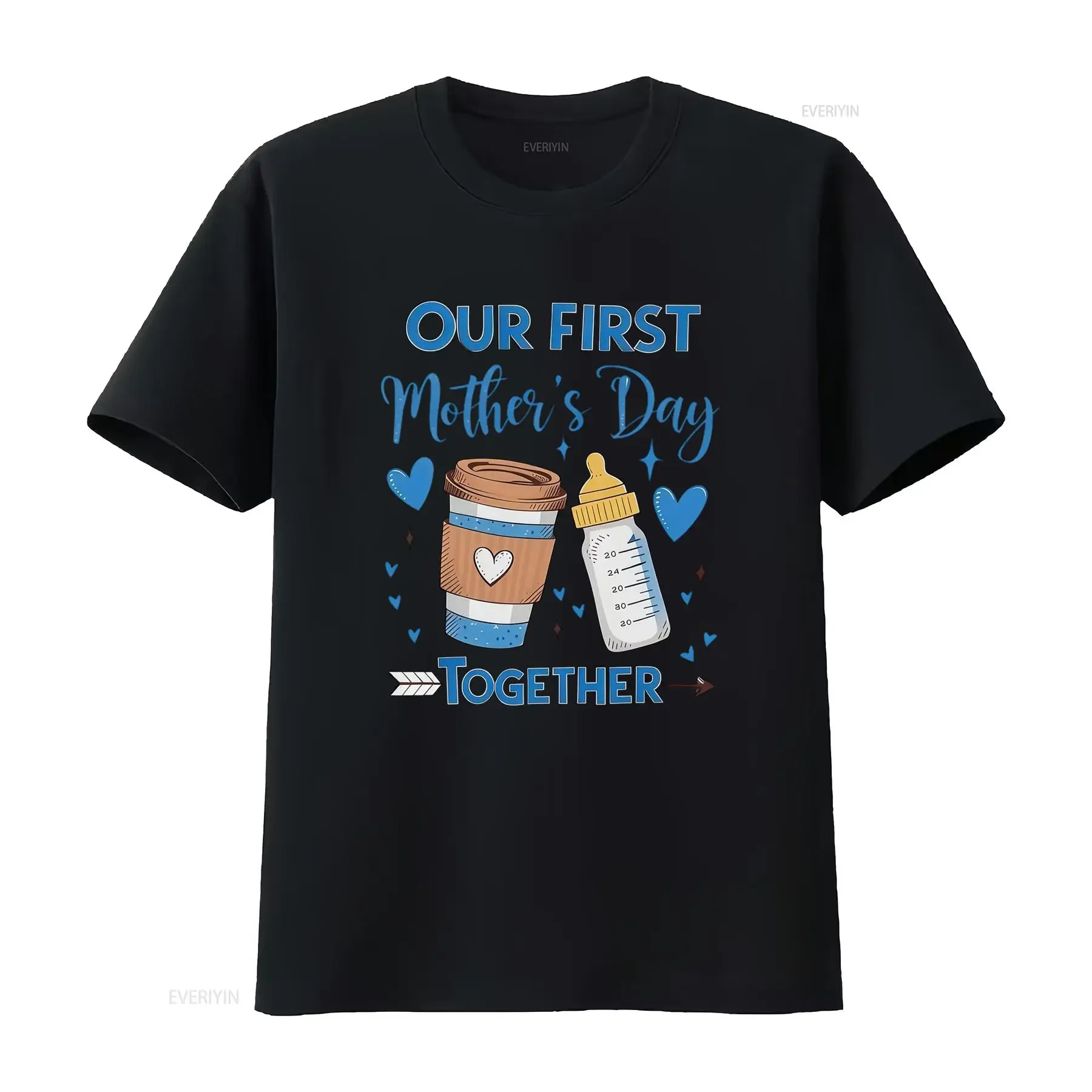 Cute Cartoon First Mother's Day Together Coffee Cup Baby Bottle Print Casual T Shirt vintage Washed Comfortable Unisex Soft