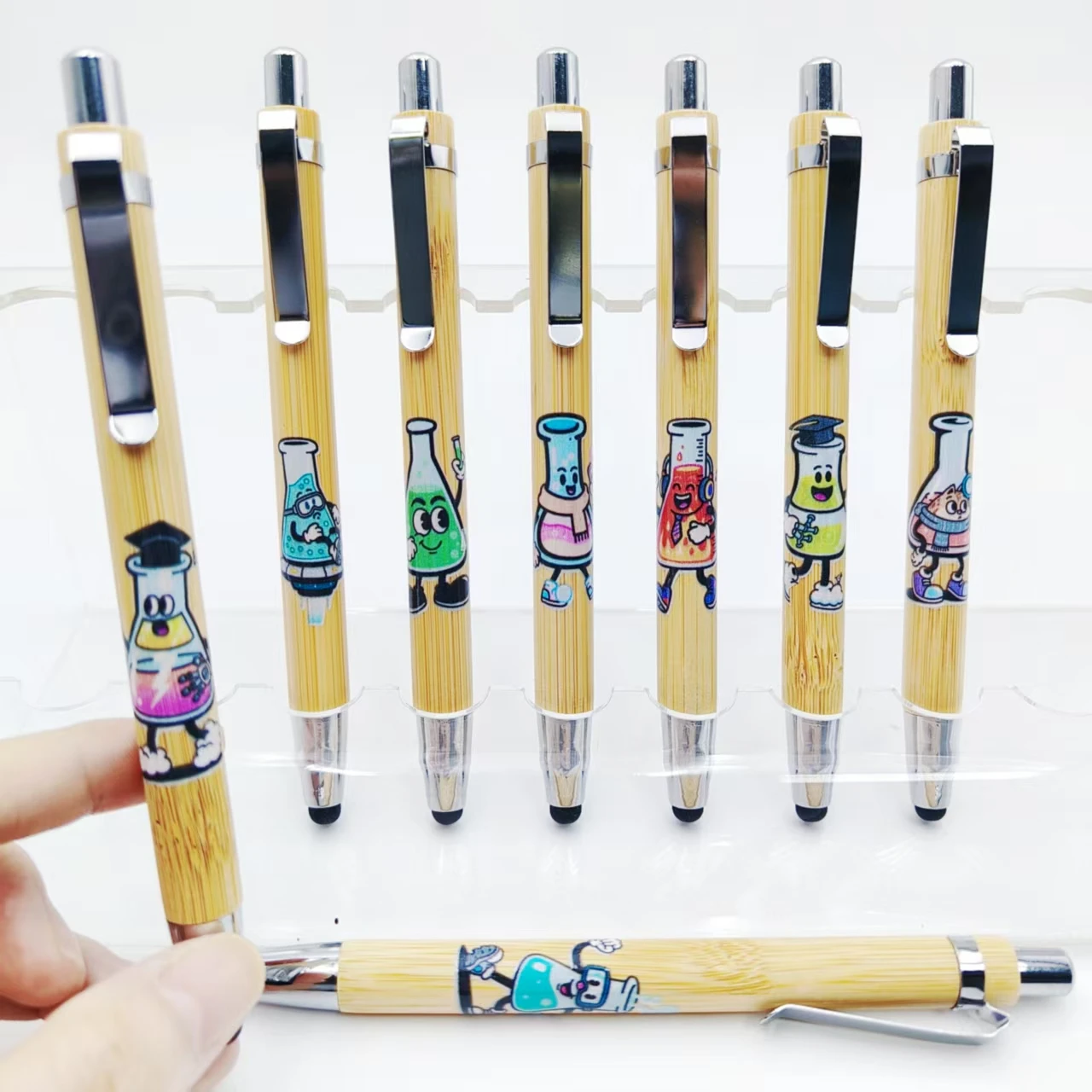 

6pcs/11pcs scientific laboratory beaker pattern touch screen business bamboo pen stationery office gift press ballpoint pen
