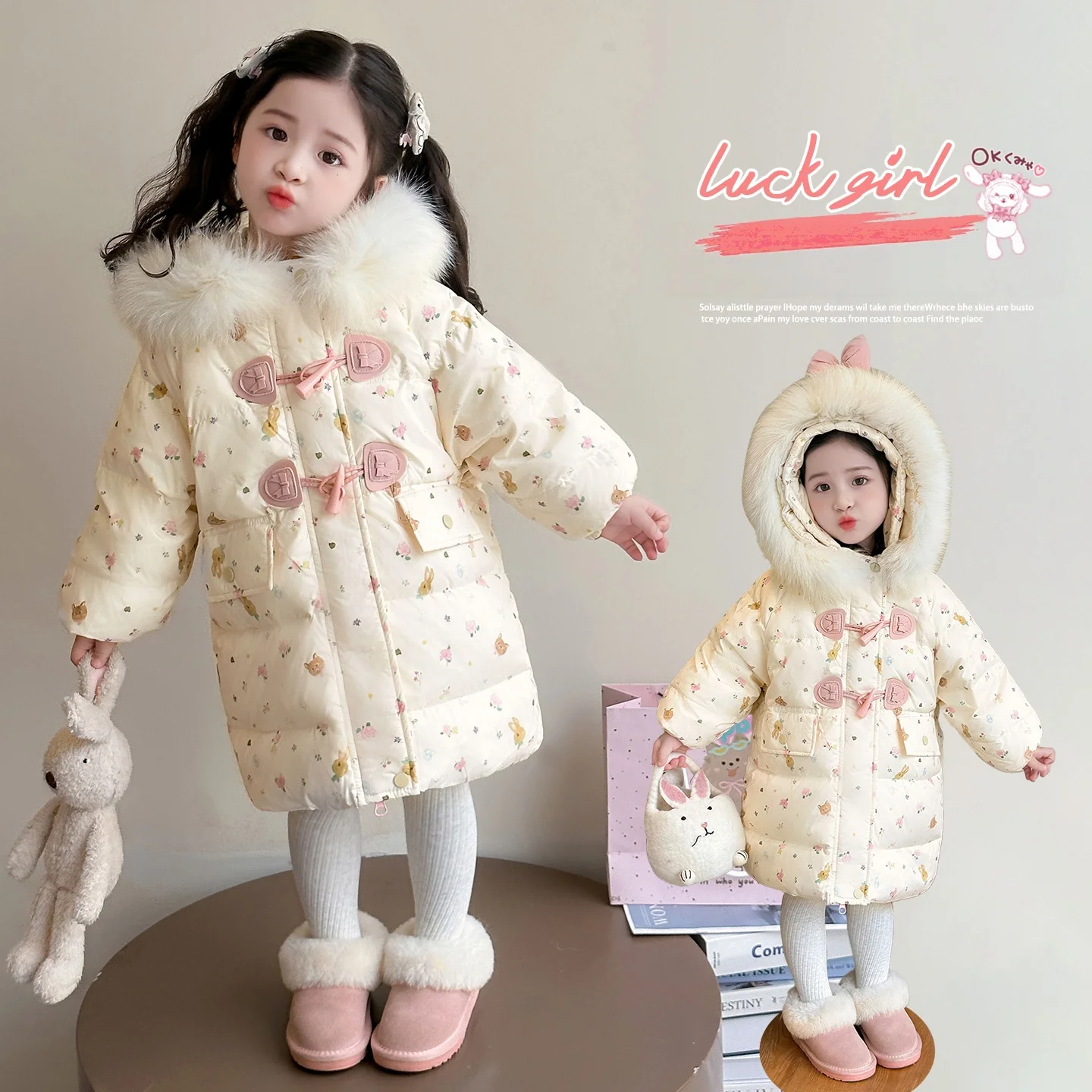 Winter Girls Down Jacket Parka 2-10 Years Children Clothing Fashion Kids Thicken Cute Bowtie Hooded Long Outerwear For Baby