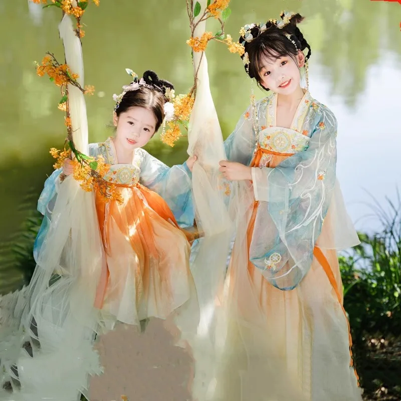 Hanfu Embroidered Gradient Dress Set for Girls, New Spring and Autumn Style, Little Girl's Ancient Style Super Fairy Ruqun, Baby