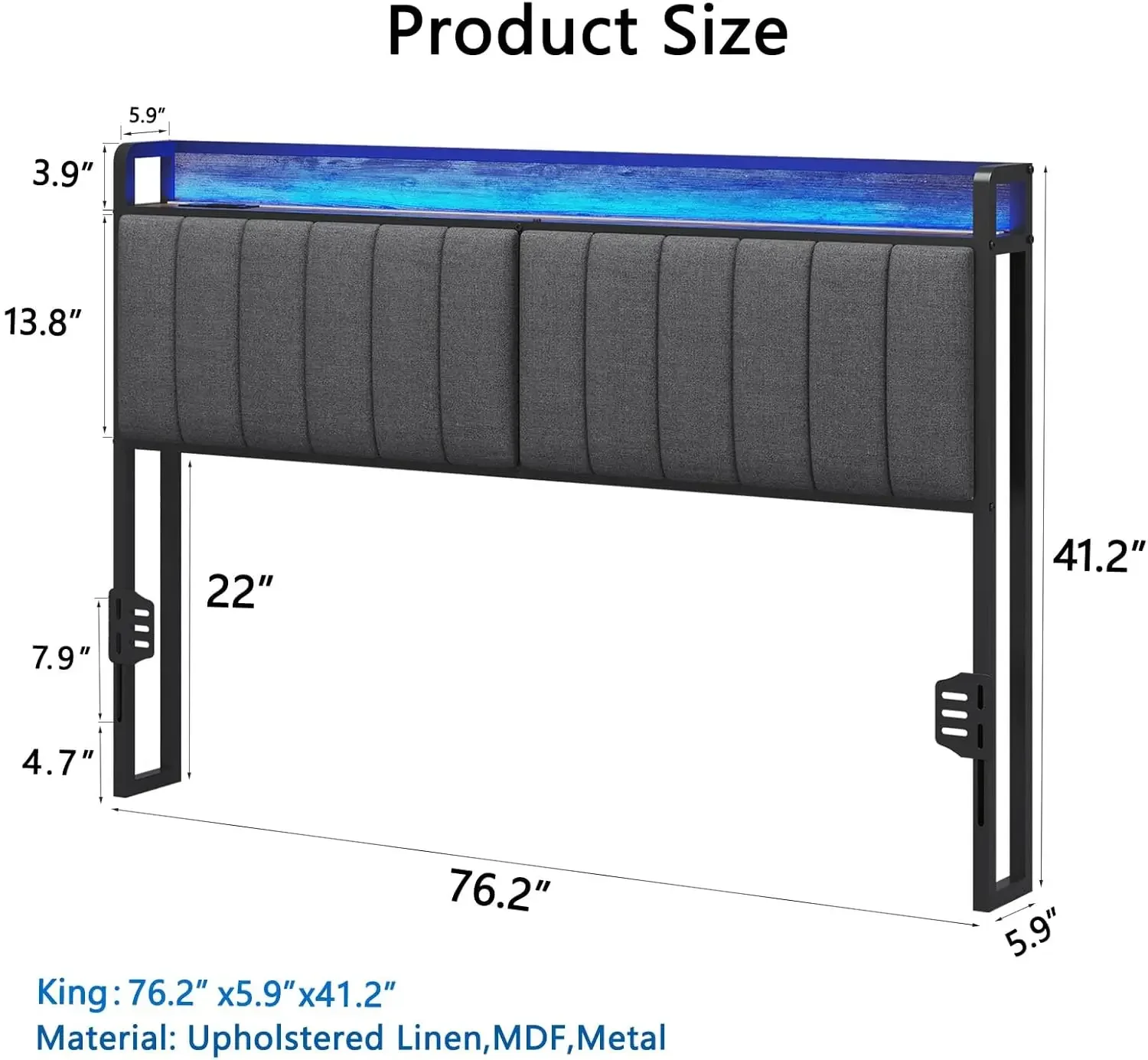 LED King Size Upholstered Headboard with Charging Station, King Storage Headboard Only, Attach Frame Height Adjustable