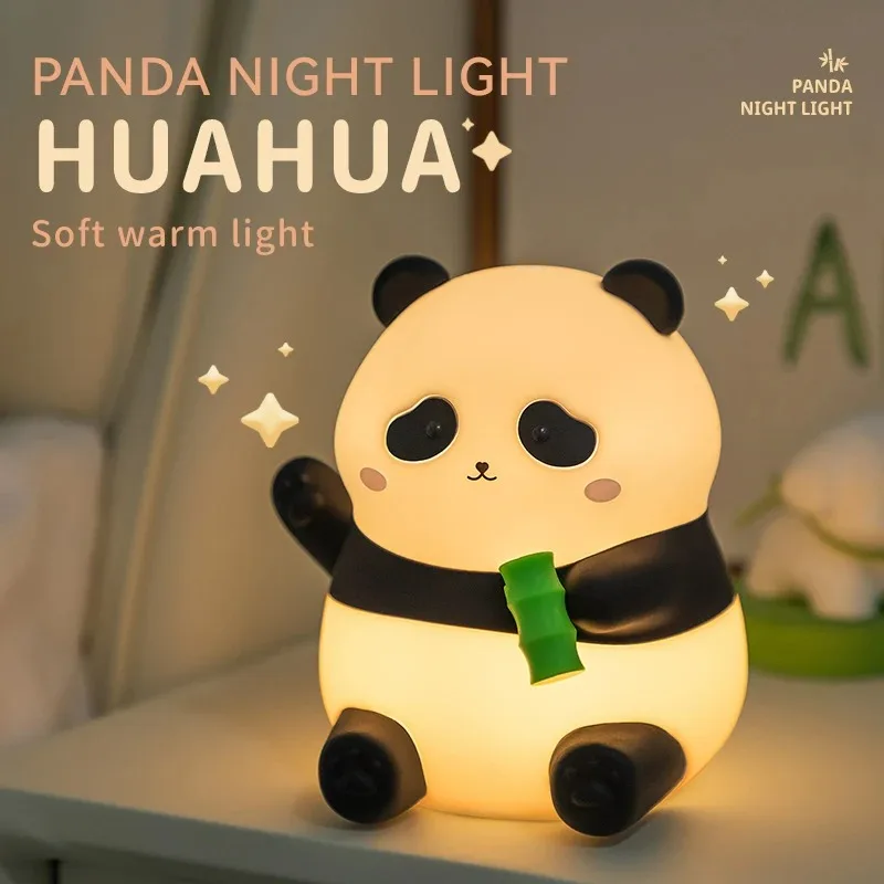 Panda comiendo brotes de bambú luz nocturna, lámpara de noche LED recargable por USB, luz ambiental de compañero de sueño de dibujos animados para niños