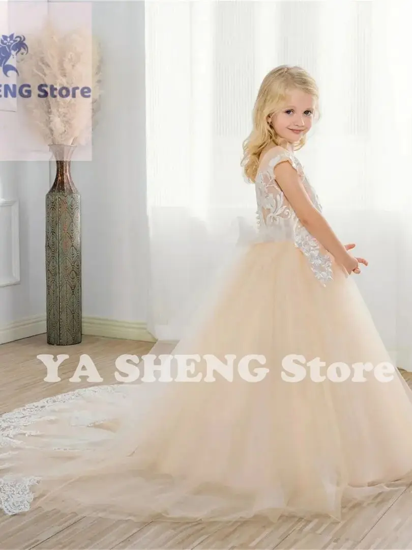 Champagne Lace Flower Girl Dress Sleeveless Round Neck Wedding Elegant Little Trail Flower Children's First Communion Dress