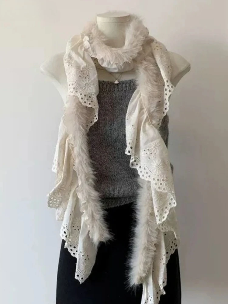 

Y2k Aesthetic Lace Patchwork Furry Scarf Harajuku Vintage Embroidery Flower Neckerchief Japanese Fairy Hollow Out Grunge Scarves