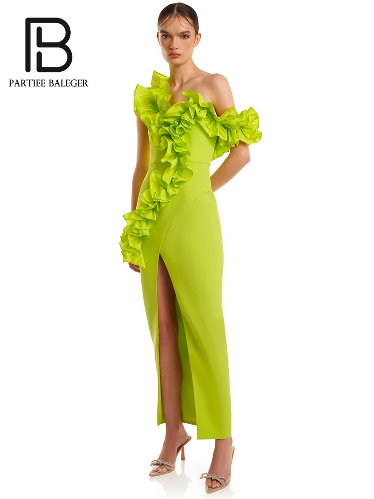 

PB Sexy Women One Shoulder Ruffles Neon Green Split Maxi Long Bandage Maxi Evening Club Dress Elegant Party Cocktail Outfits