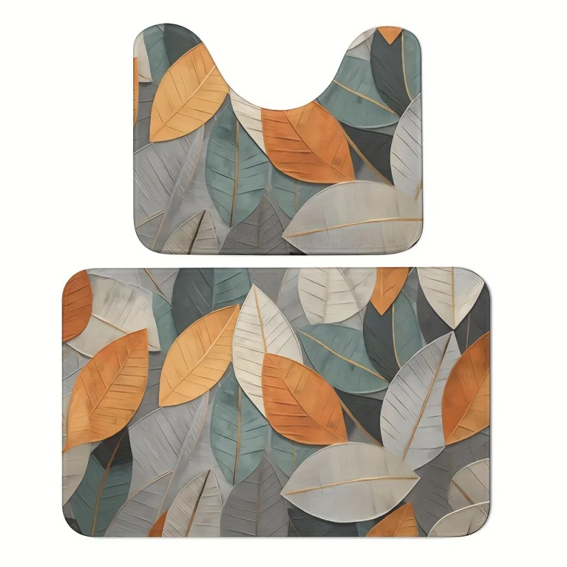 Toilet Mat Set of 2 (Thickened 600g High Resilience Foam), Abstract Leaf Pattern, Bathroom Non-Slip Microfiber Absorben