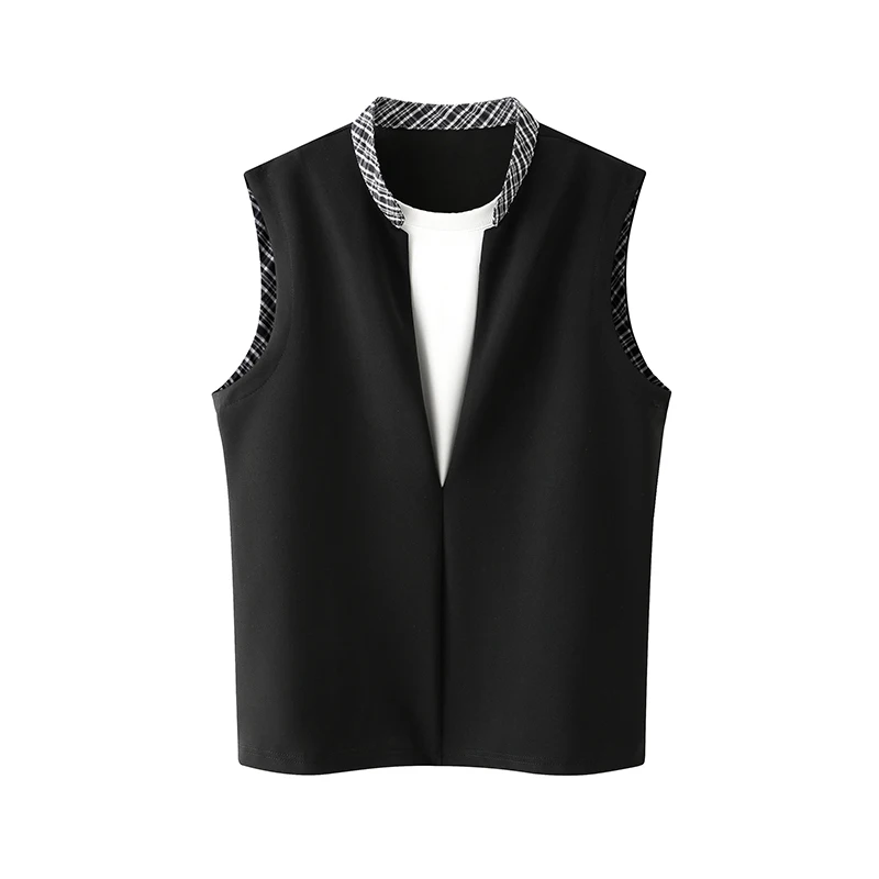 Men's Faux Two Piece Checked Stand Up Collar Deep V Neck Layered Sleeveless Waistcoat Loose Fit Preppy Casual Streetwear Style
