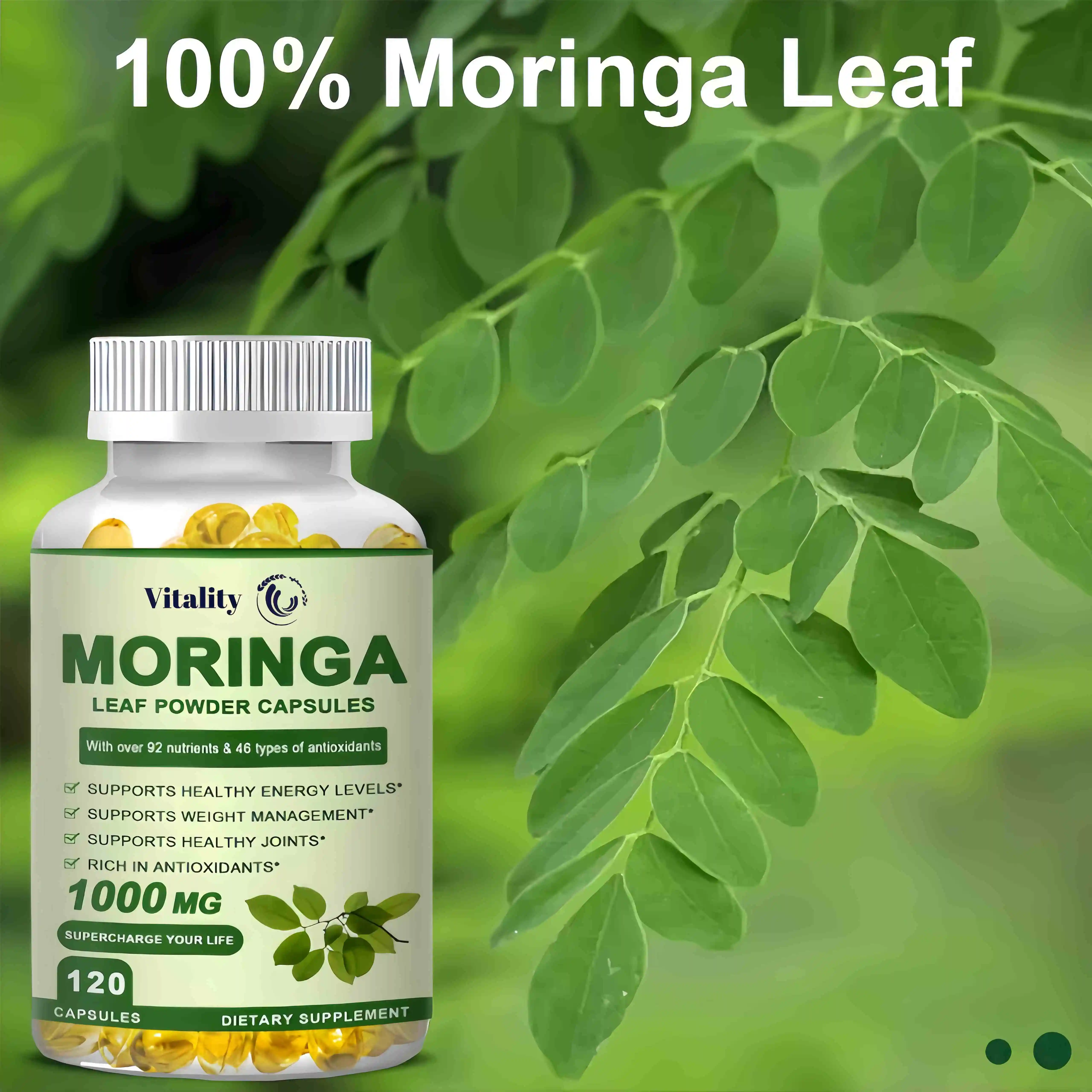 Natural Moringa Cápsula Composto para lipídios, Vitamina e vitamina, Suplemento de aminoácidos, Açúcar no sangue e antioxidante