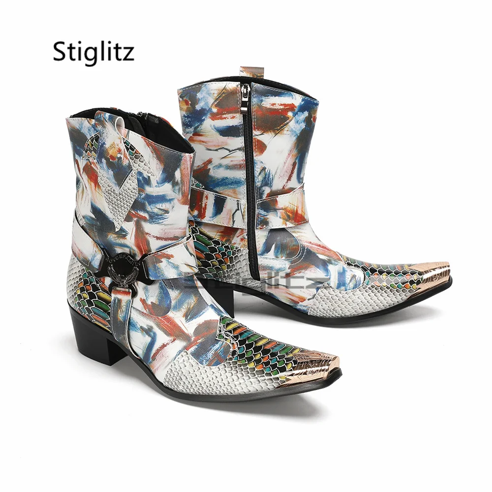 Men's Prints High Heels Chelseea Boots Genuine Leather Buckle Strap Patchwork Western Cowboy Short Boots Male Dress Shoes