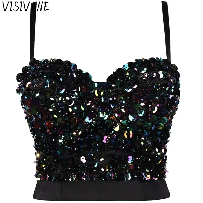 Visivane Sexy Punk Sequin Tank Top Women Short Corset Stage Party Shaper Ladies Crop Tops Blusas Camis Bras Shirt Woman Clothes