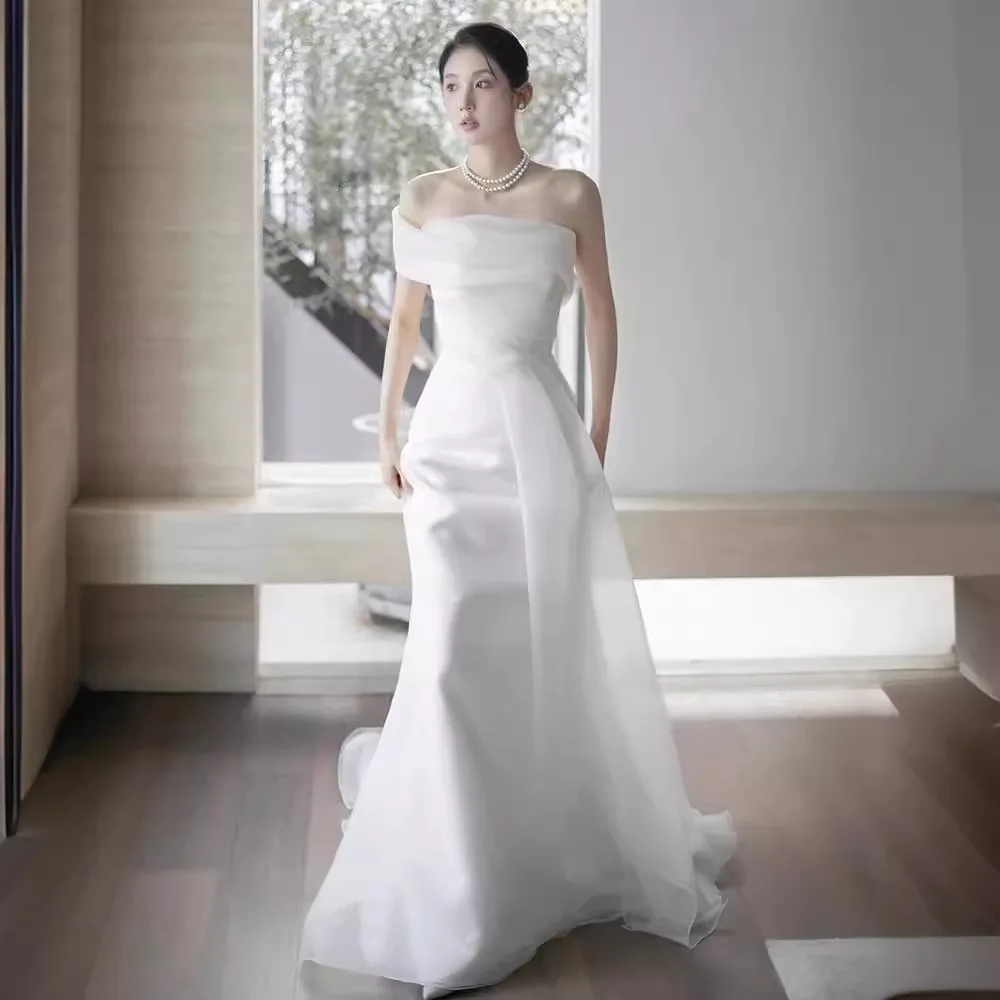 Elegante off-shoulder Korea A-lijn trouwjurken gelaagde organza bruidsjurk aangepaste foto's schieten plooi bruid feestjurk vestido