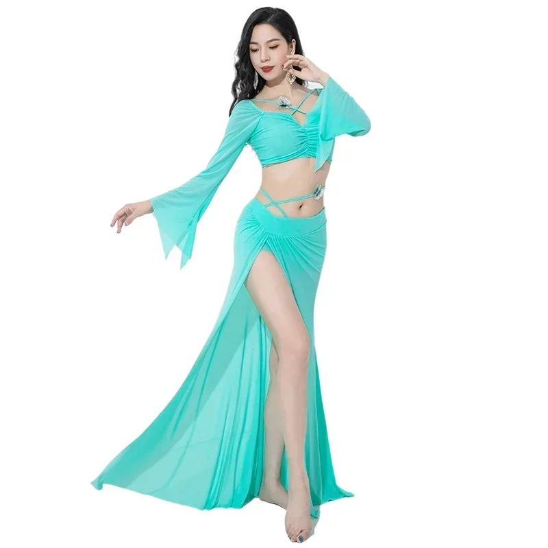 Vestidos de baile Sexy para mujer adulta, Ropa de baile de gasa de hilo de agua, ropa de escenario de manga larga, ropa de espectáculo de competición de danza del vientre, 2 piezas