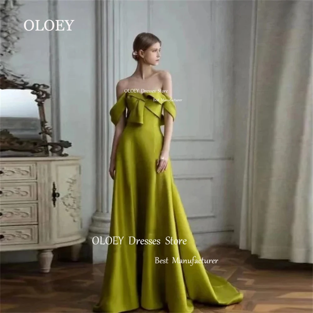 

OLOEY Elegant Sweetheart Green Evening Dress Off Shoulder Bow Floor Length Wedding Party Dress Formal Gown Custom Made Train