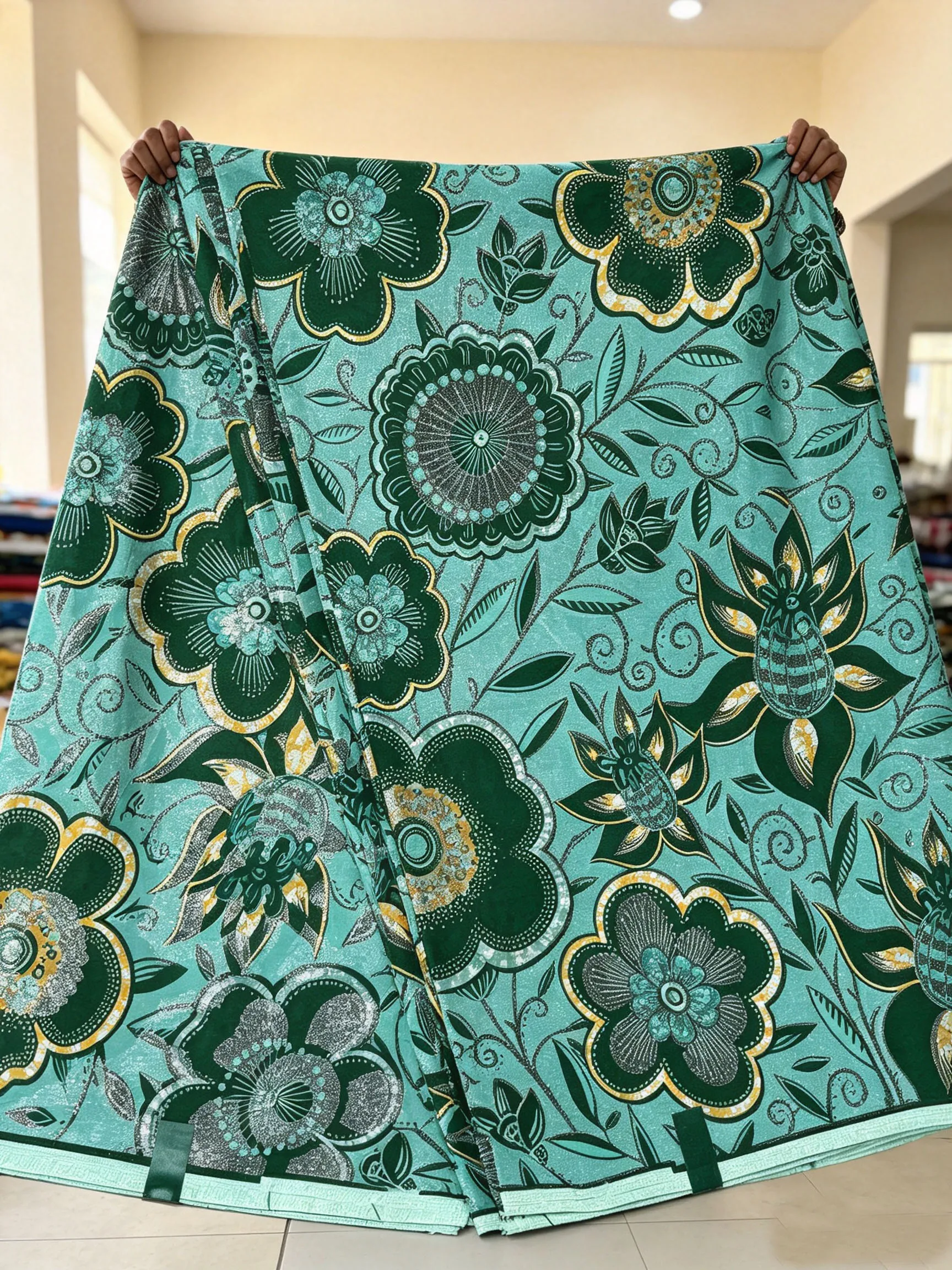 6Yards Green Floral Gold Sand Ankara Wax Fabric Batik Cloth for Dress Skirt Headwrap Wedding Outfit DIY Sewing Home Decor - view 5
