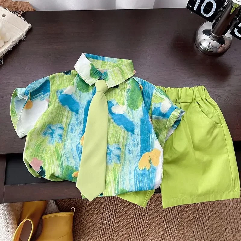 

Children's Summer Set Baby Boys' Summer 2026 New Style White Shirt+Shorts Two-piece Set 80-120cm