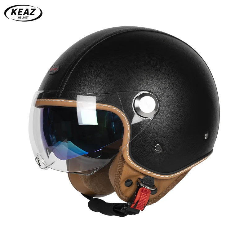 

Pure Black Leather 3/4 Open Face Motorcycle Helmet with Dual Sun Visor Rainproof Windproof Feature Fit Adult Four Seasons Riding