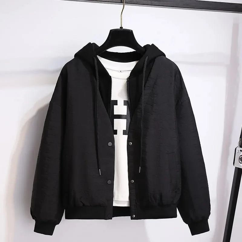 Women New Coat Stitching Fake Two Pieces Baseball Uniform Jacket Short Hooded Sweaterirt Loose Fragrance Outerwear Female Trend