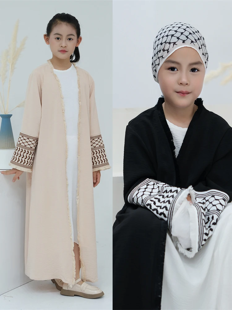 Abayas simples para mulheres e crianças, quimono bordado, vestido kaftan muçulmano, roupão de Dubai, branco e preto, vestido muçulmano feminino,