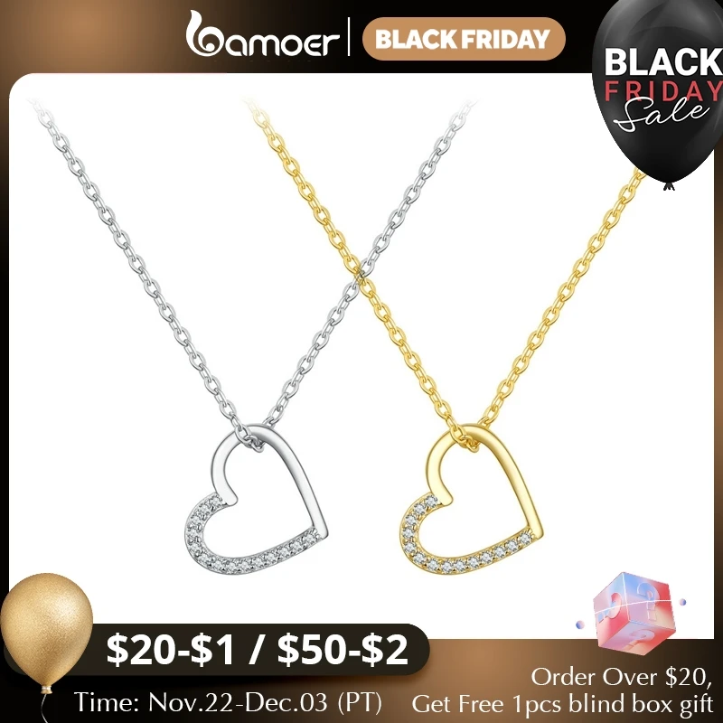 BAMOER Genuine 925 Sterling Silver The shape of love Chain Necklace for Women, Godl Plated Heart Necklace 3 Color 18.11''