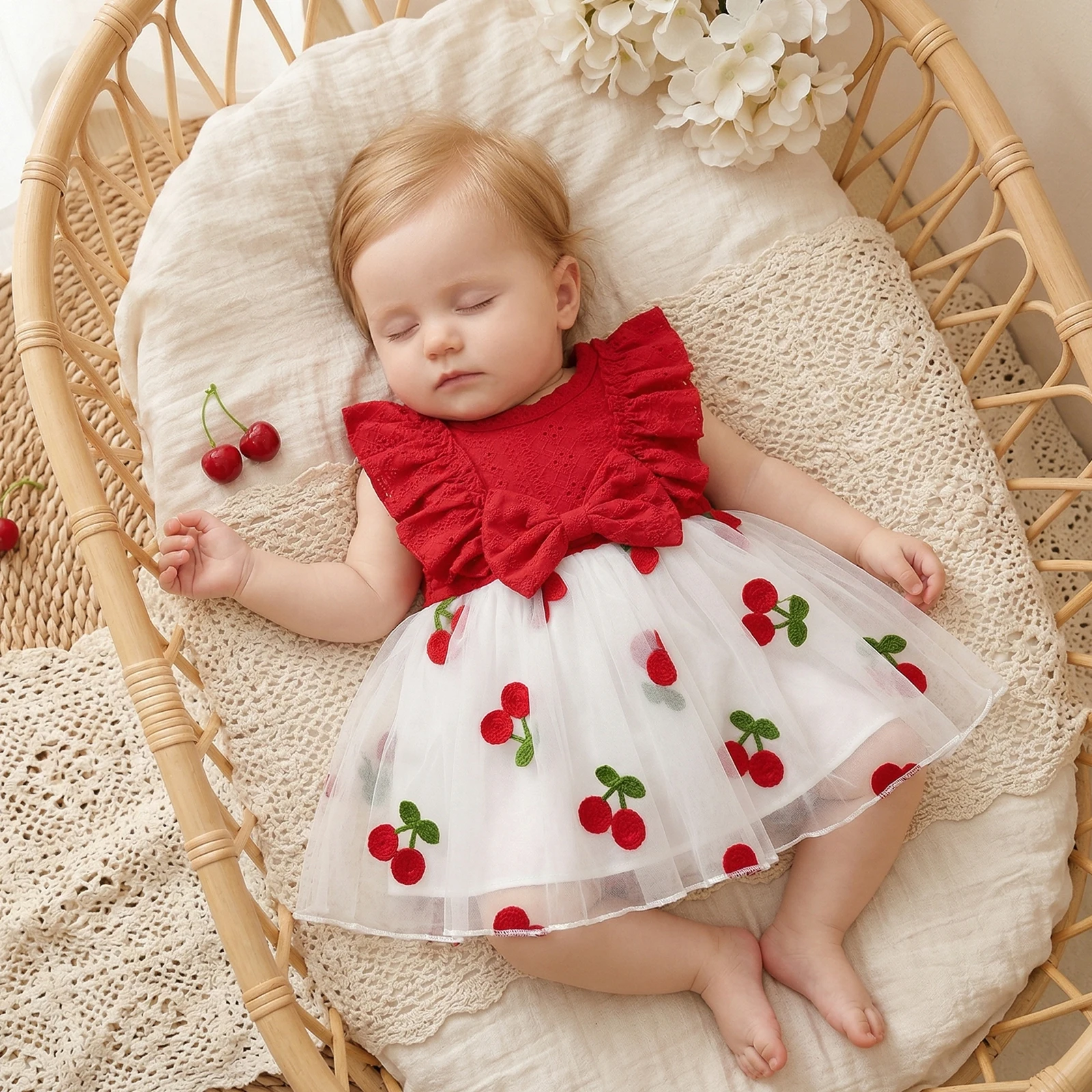 Baby Girl Mesh Patchwork Dress Casual A Line Cherry Embroidered Decorative Bow Ruffled Trim Crew Neck Flying Sleeve Dress