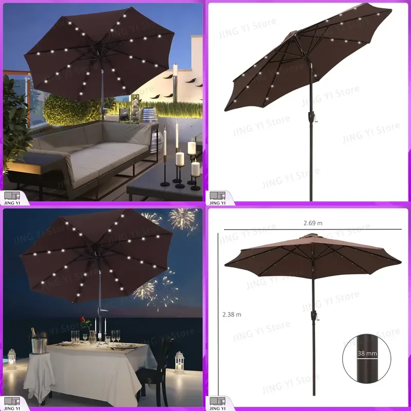 2.7m Solar Powered LED Garden Umbrella with 24 Lights Tilt Adjustable Outdoor Patio Sun Shade for Party Event Manual