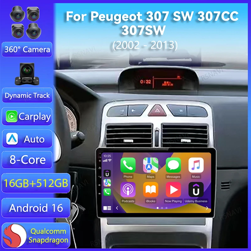 Android 16 Carplay para Peugeot 307 SW 307CC 307SW 2002 2003 2004 2005 2006 2007 - 2013 Reproductor de Radio Multimedia para Auto WIFI+4G DSP