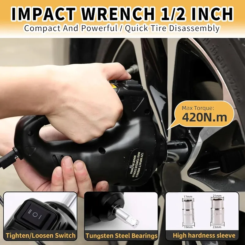 طقم جاك السيارة الهيدروليكية الكهربائية 5 طن 12 فولت نطاق الرفع المحمول 17.7 بوصة مع مفتاح ربط الصدمات ومضخة نفخ الإطارات