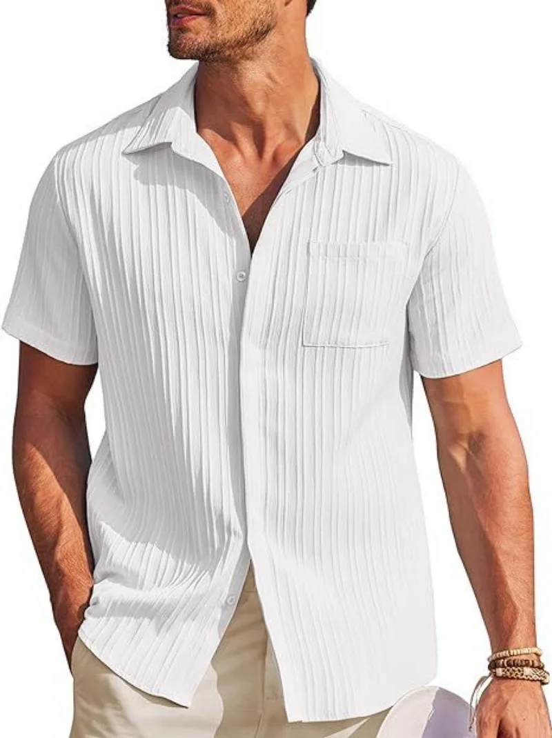 NOVEDAD DE VERANO 20224, camisa a la moda para hombre, cárdigan de manga corta con solapa holgada informal de calle Jacquard a rayas para jóvenes y vitalidad