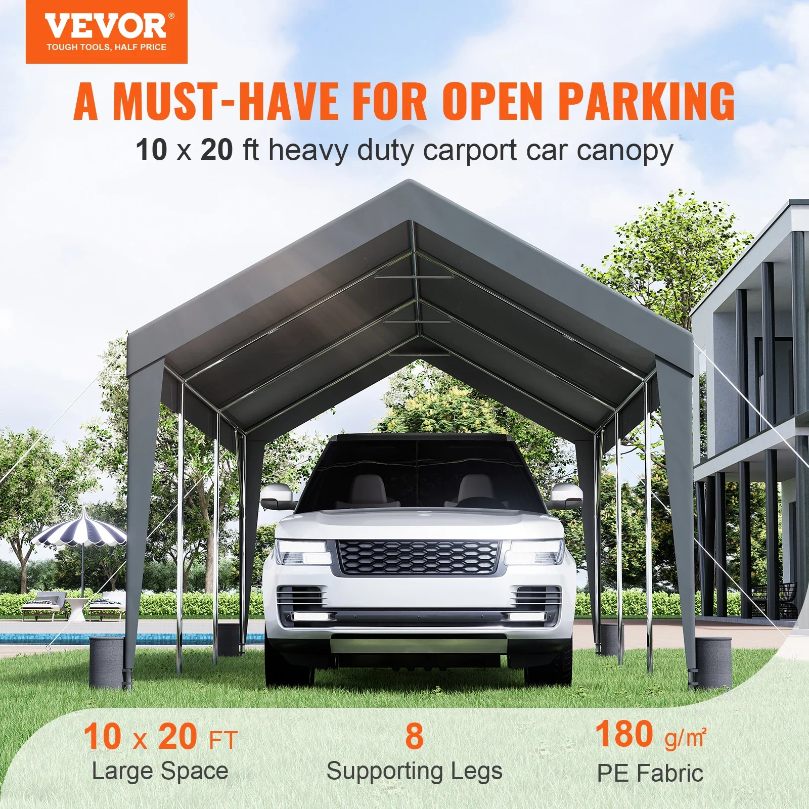 VEVOR Carport 10x20ft Heavy Duty Car Canopy Garage with 8 Reinforced Poles and 4 Weight Bags UV Resistant Waterproof Tarp