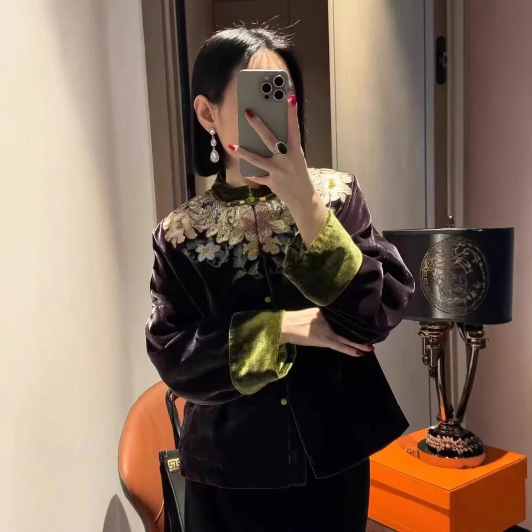 UMI MAO New Light Chinese Style Women's Jacket Heavy Embroidery Velvet Top Autumn Winter Quilted Warm Cotton Coat Elegant