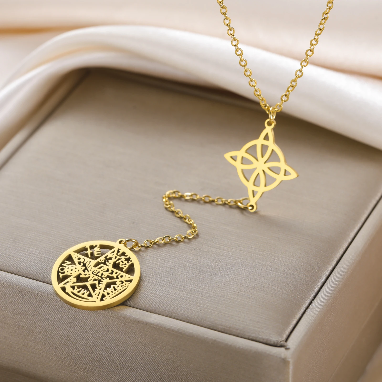 Witch Knot Tetragrammaton Pendant Necklace Double Amulet Protection Stainless Steel Pentagram Jewelry Gift for Women