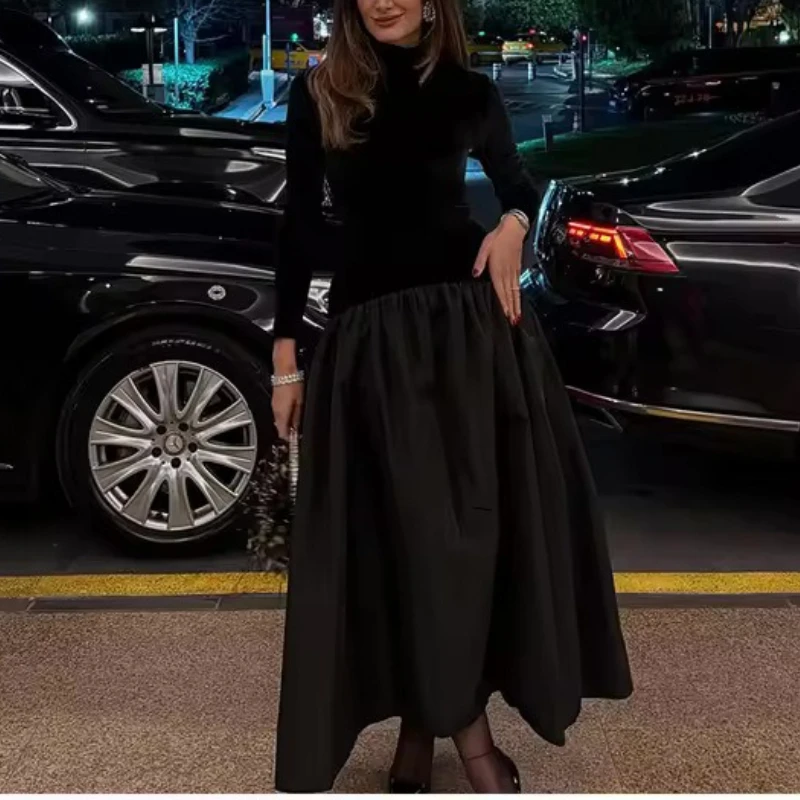 Abito da donna europeo e americano con giunture in velluto a coste a collo alto alla moda