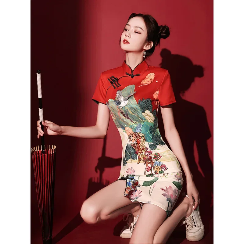 Yourqipao Summer Chinese Cheongsam Skirt Popular Short Style Improved Red Young Girls Bridesmaid Evening Qipao Dress for Women