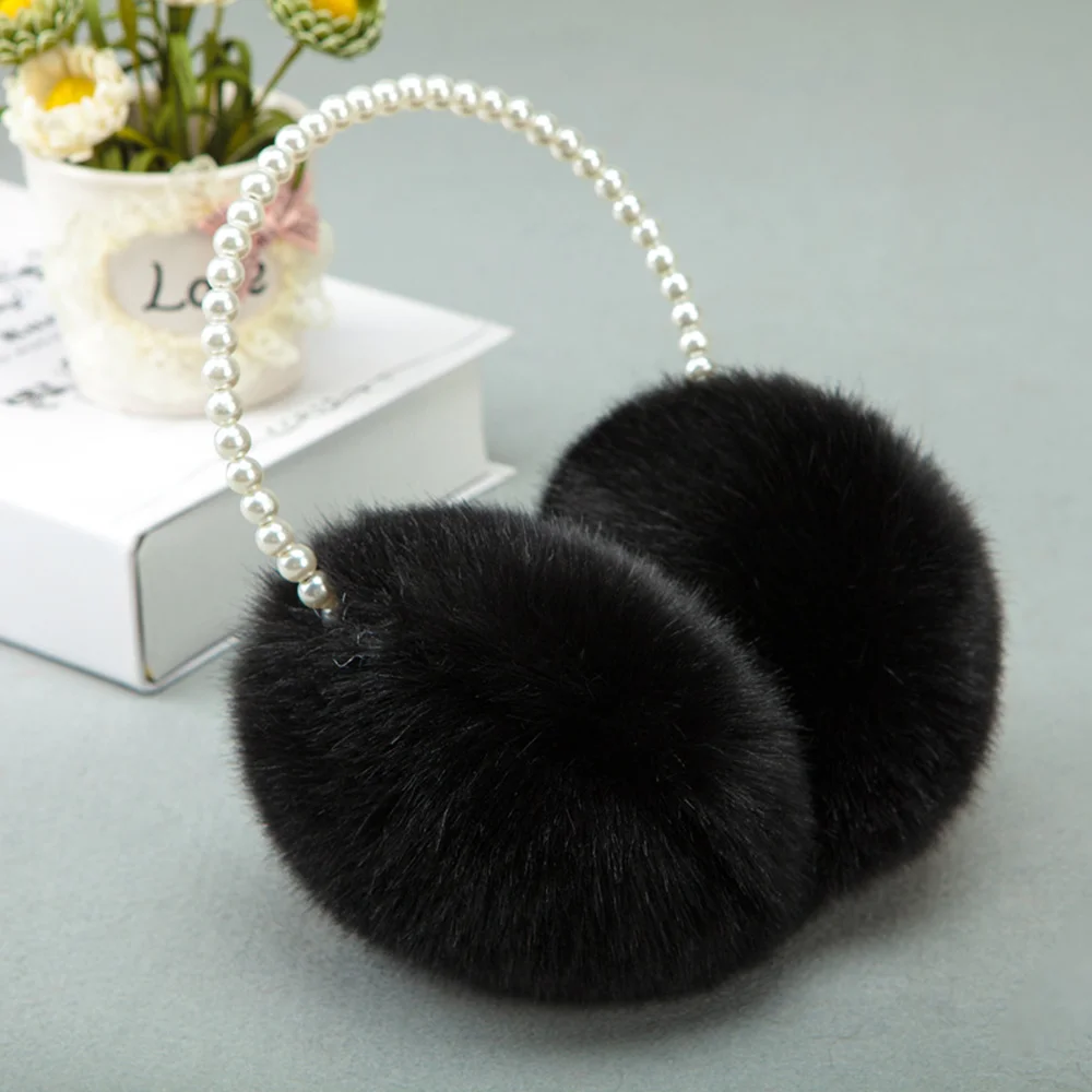 Women Girls Winter Earmuffs Fluffy Plush Thicken Imitation Pearl Beaded Headband Ear Warmer Princess Kids Party Styling Headwear