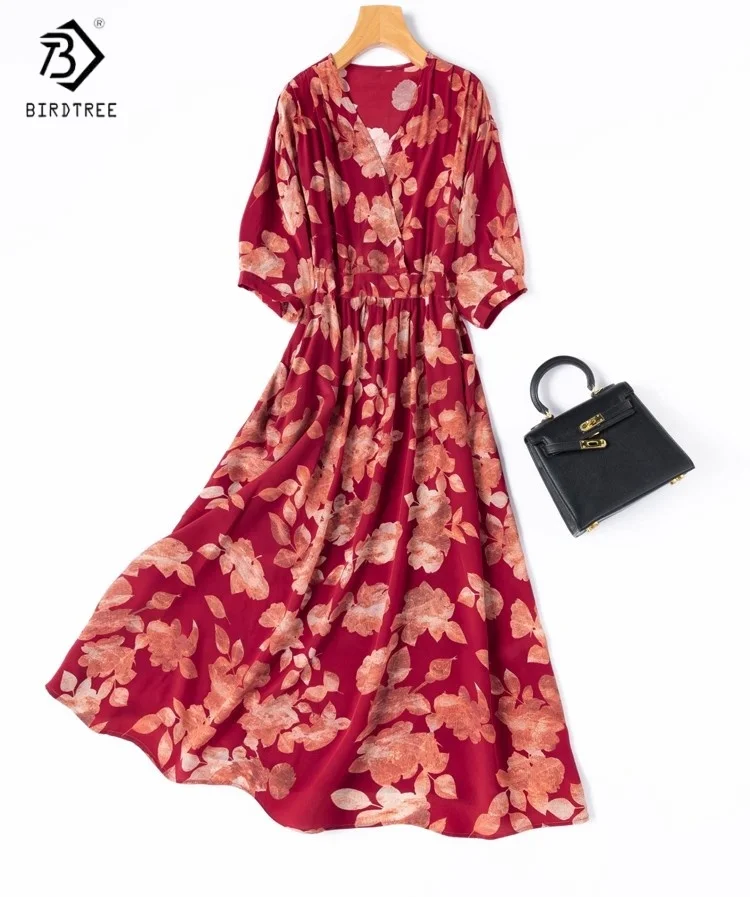 

Birdtree Summer 100% Mulberry Silk Dress,Women Double Crepe Lantern Sleeve V-neck High Waist Printing Long Skirt D56222JF