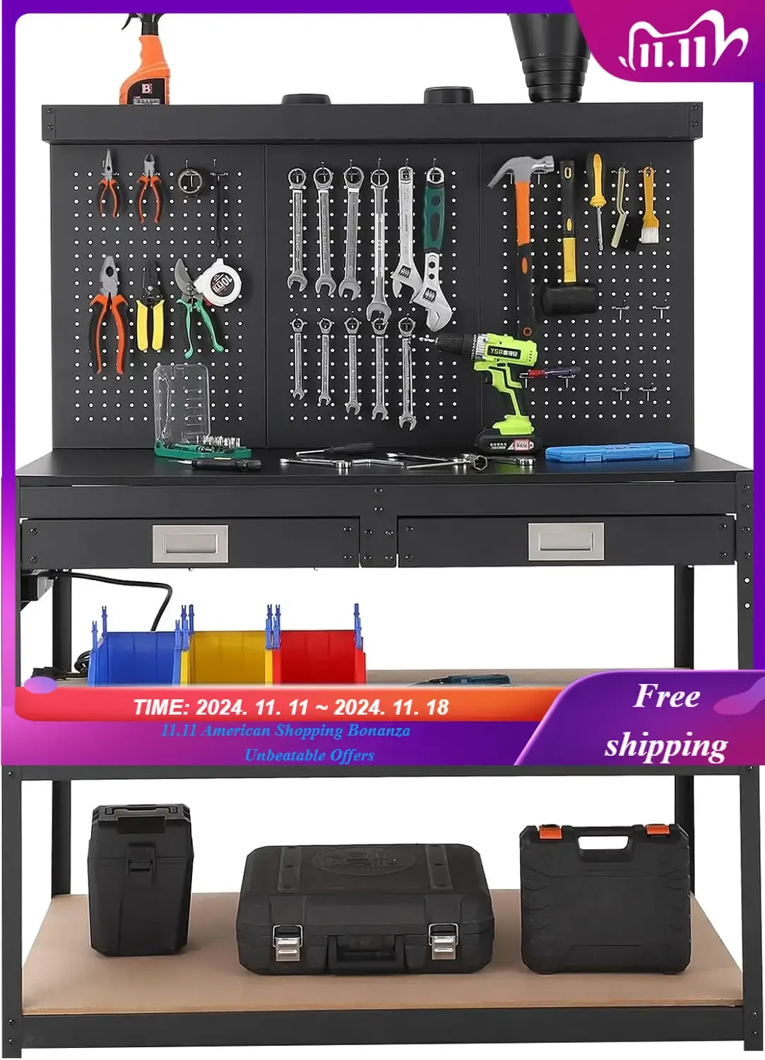 

Work Bench for Garage,Workshop Heavy Duty Steel Workbench with Outlets,2 Drawers & 3-Level Garage Workbench with Pegboard,