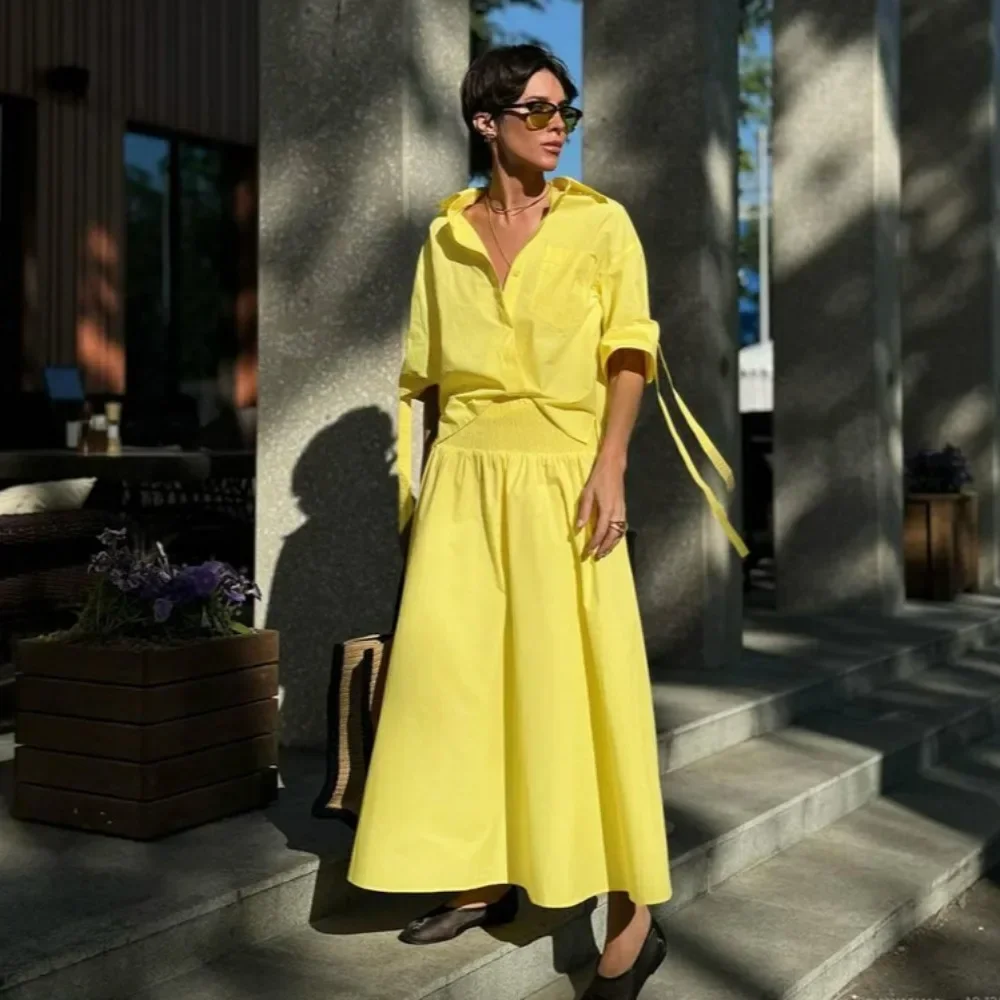 Yellow Holiday Skirt Sets Women Casual Loose Beach Outfits Fashion Button Shirts and Maxi Skirt Two Piece Set 2024 Matching Sets